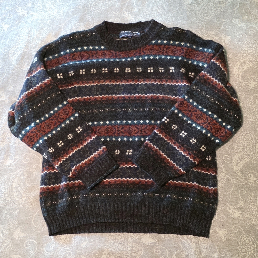 Classic Men's Fair Isle Crewneck Sweater - Charcoal with Rust & Teal